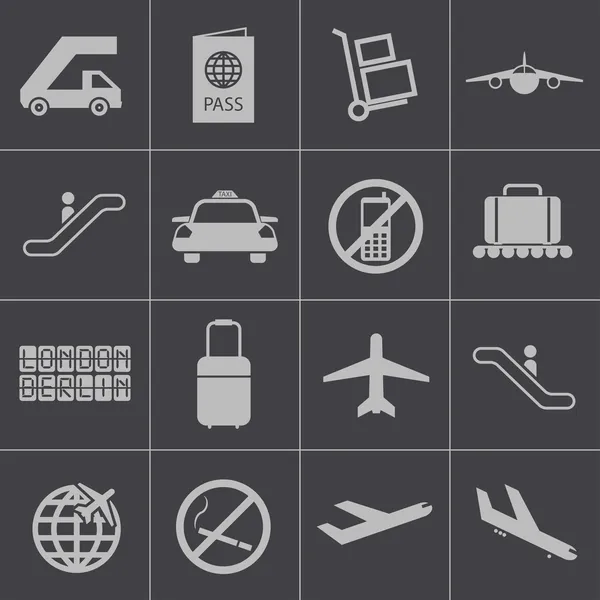 Vector negro iconos del aeropuerto conjunto — Vector de stock