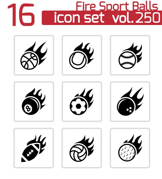 Vector black fire sport balls icons set — Stock Vector