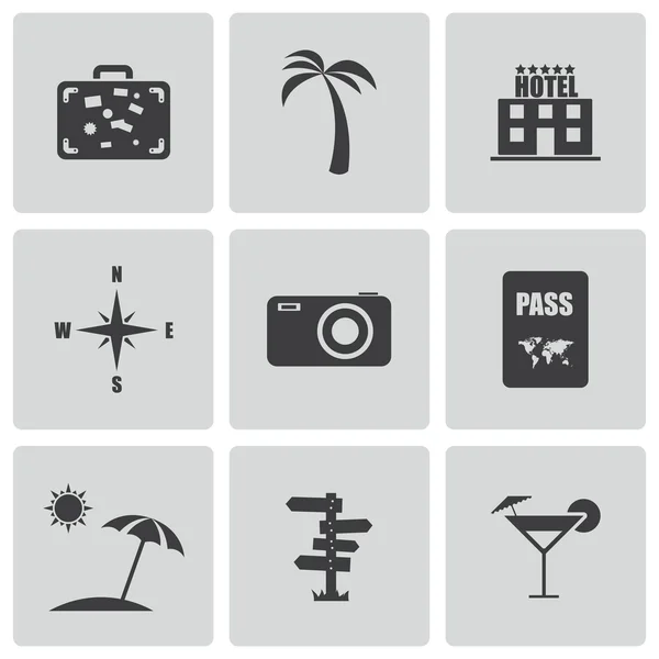 Conjunto de iconos de viaje negro vectorial — Vector de stock