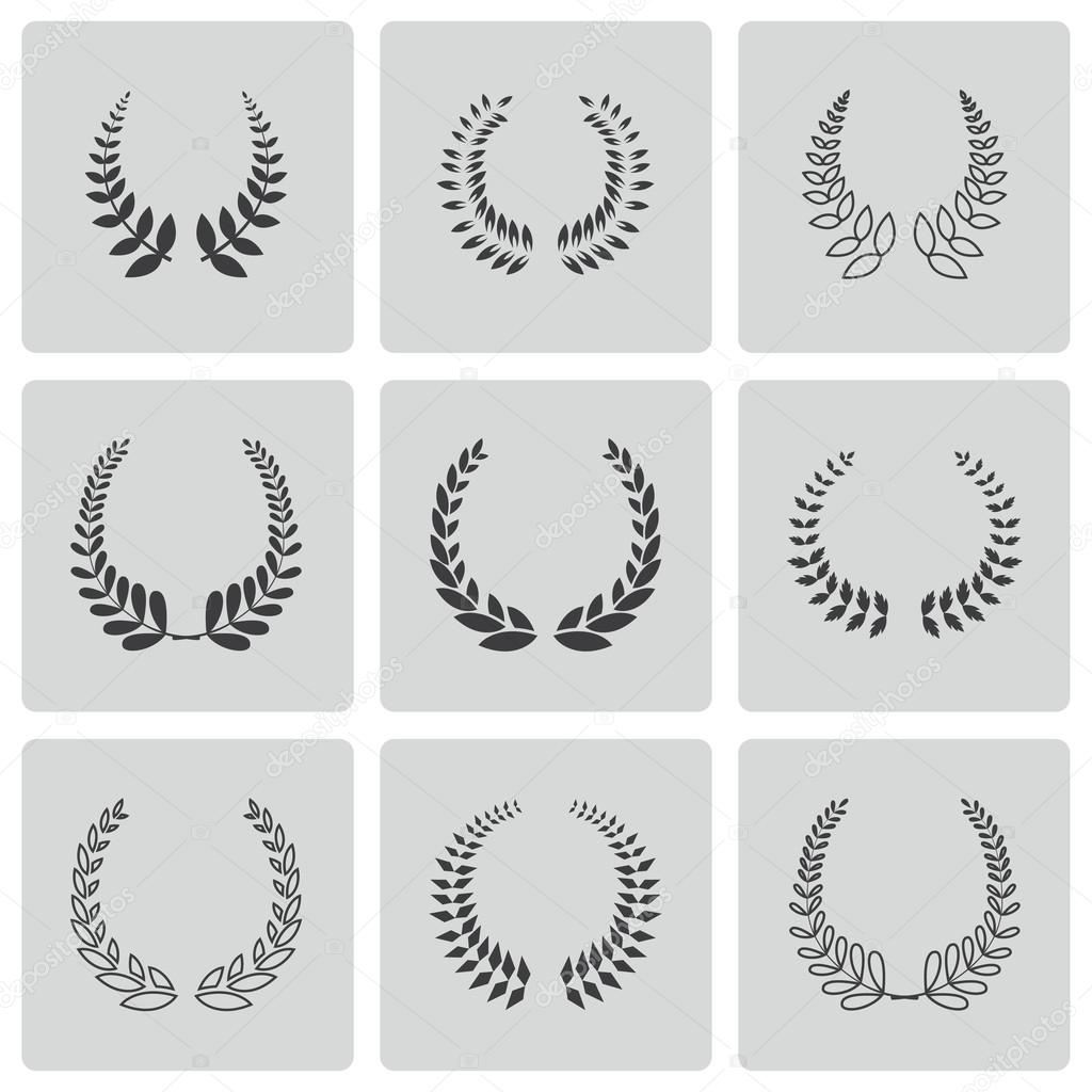 Vector black laurel wreaths icons set on white background