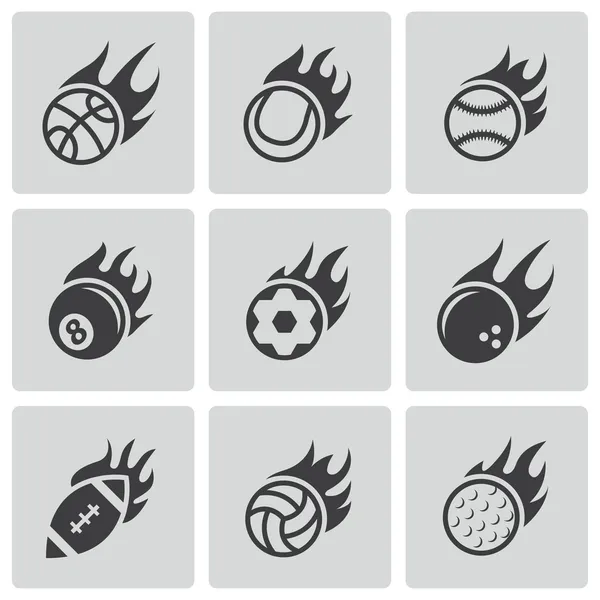 Vector black fire sport balls icons set — Stock Vector