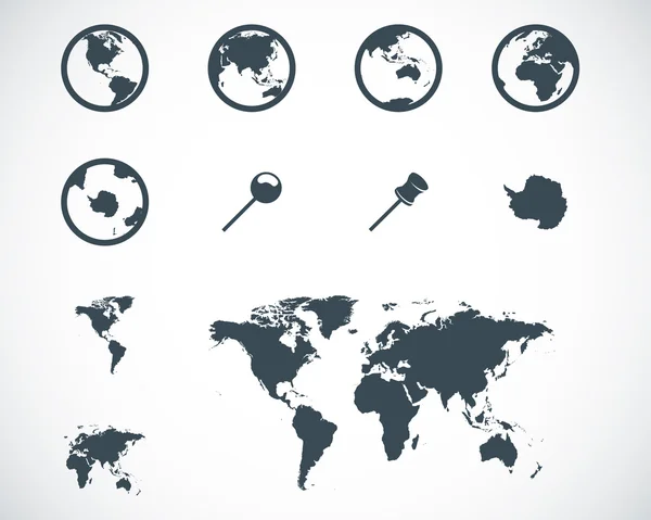 Набор значков векторной черной карты мира — стоковый вектор