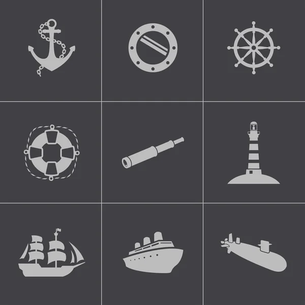 Vektor svart nautiska ikoner set — Stock vektor