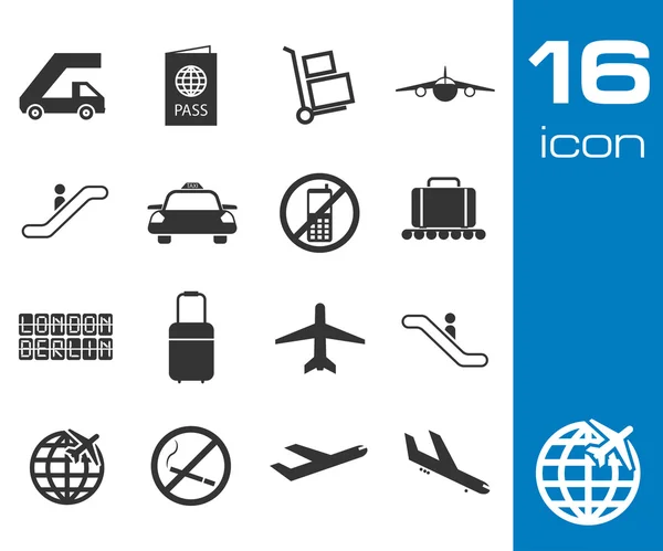 Vector black airport icons set on white background — Stock Vector