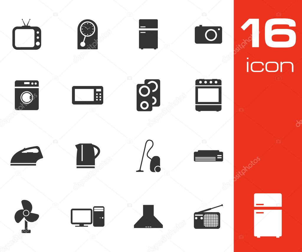 Vector black home appliances icon set on white background