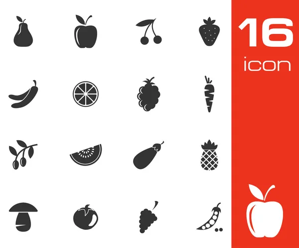 Vector zwart fruit en groenten pictogrammen instellen op witte achtergrond — Stockvector