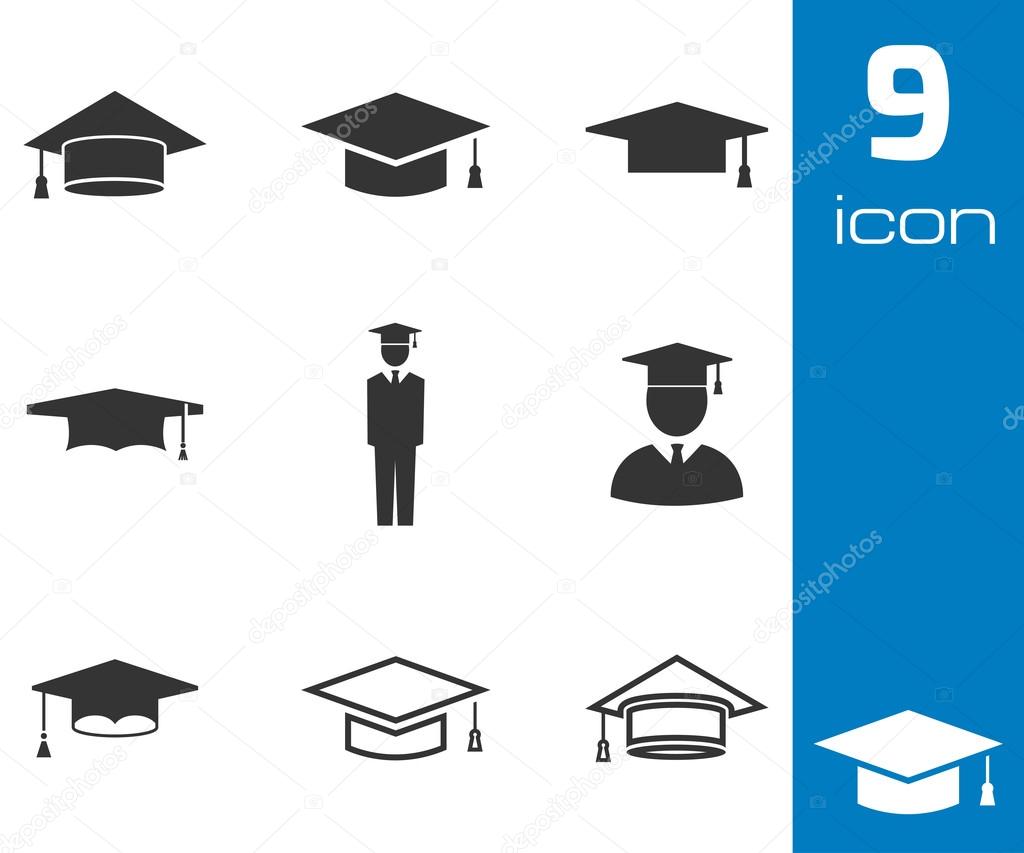 Vector black academic cap icons set