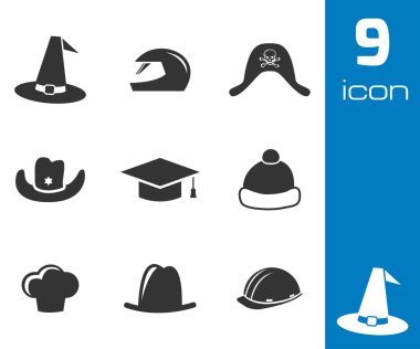 Vector black helmet and hat icons set clipart