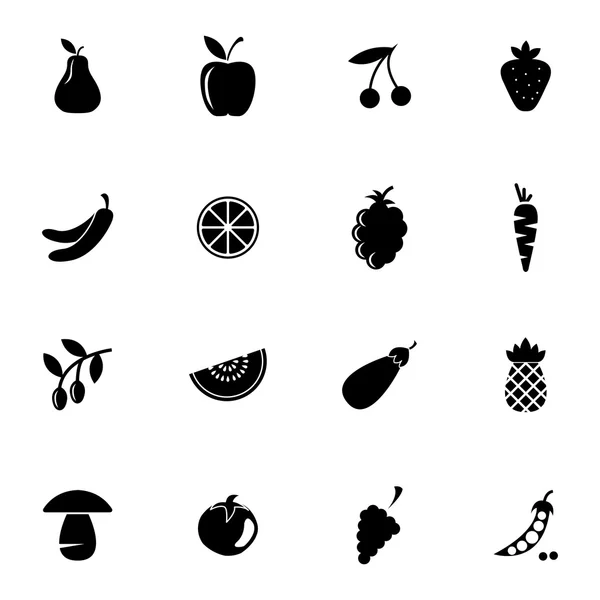 Vector black fruits and vegetables icons set — Stock Vector