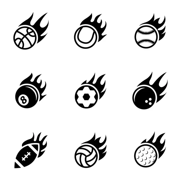 Vector black fire sport balls icons set — Stock Vector