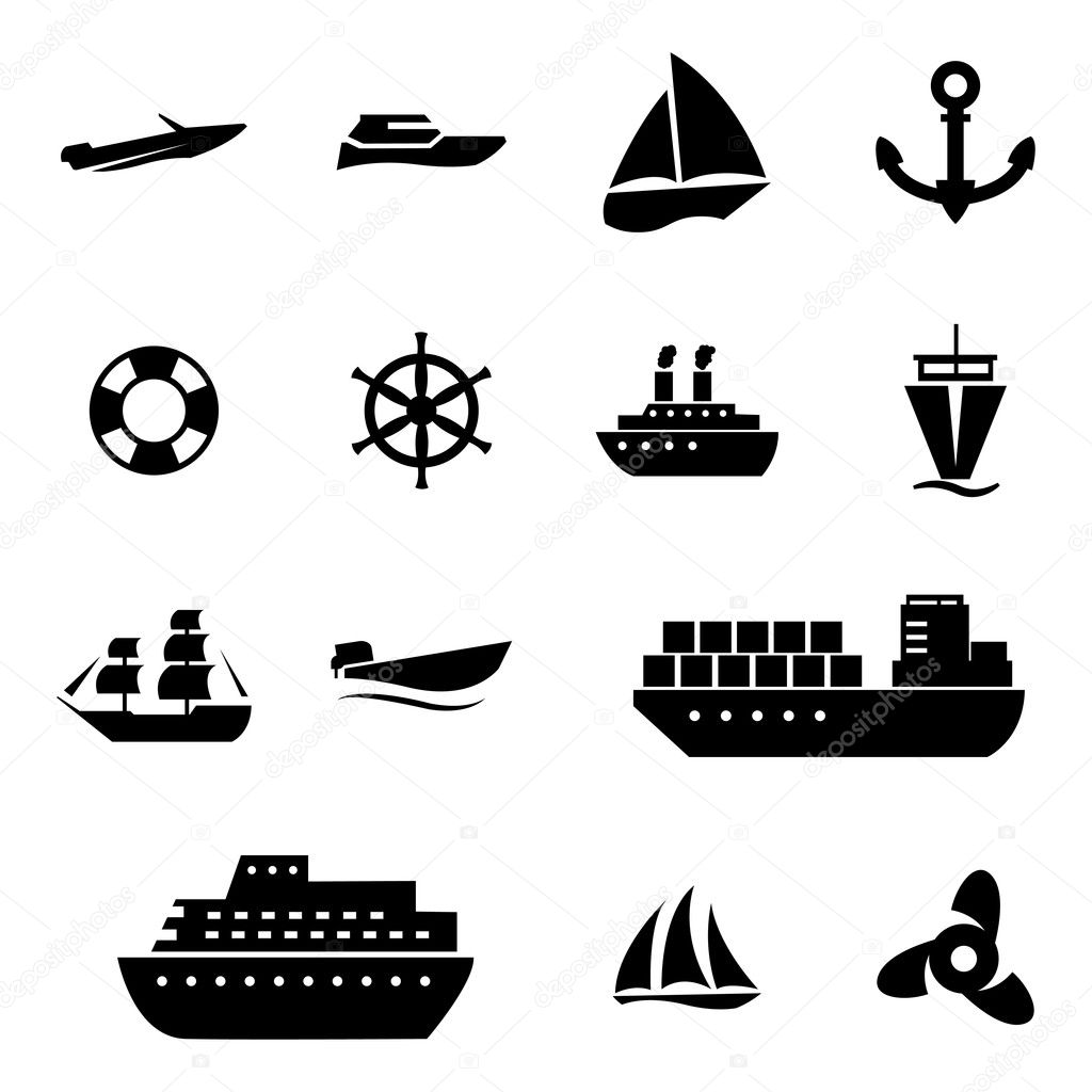 Vector black ship and boat  icons set