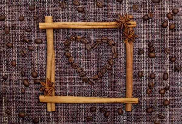 Heart of Coffee Beans in Cinnamon Sticks Frame — Stock Photo, Image