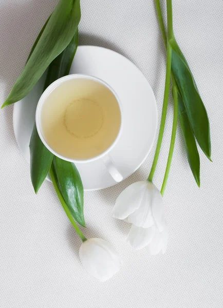 Tazza di tè e fiori di tulipano bianco — Foto Stock