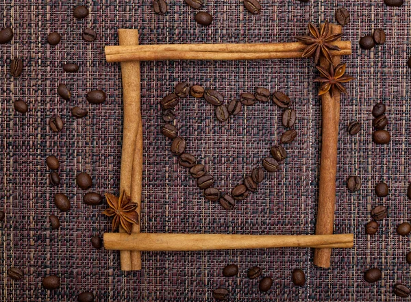 Heart of Coffee Beans in Cinnamon Sticks Frame — Stock Photo, Image