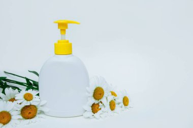 Beyaz plastik şişe, açık arkaplanda papatya çiçekleri, metin, kopyalama alanı, doğal organik kozmetik konsepti, vücut ve saç bakımı, el sabunu.