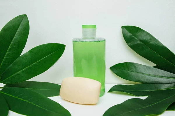 Plastik Şişede Kozmetik Tonik Beyaz Arka Planda Yeşil Yapraklı Sabun — Stok fotoğraf