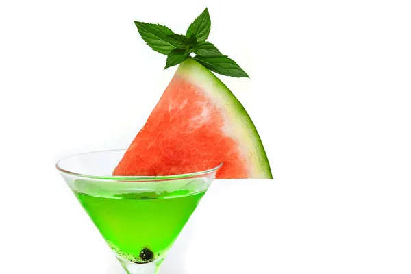 Cocktail Een Groen Glas Met Een Plakje Watermeloen Muntblaadjes Close — Stockfoto