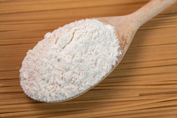 Wooden Spoon Wheat Flour Raw Pasta — Stock Photo, Image
