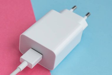 Şarj aleti ve USB kablo tipi C pembe ve mavi arkaplan üzerinde