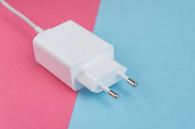 Şarj aleti ve USB kablo tipi C pembe ve mavi arkaplan üzerinde