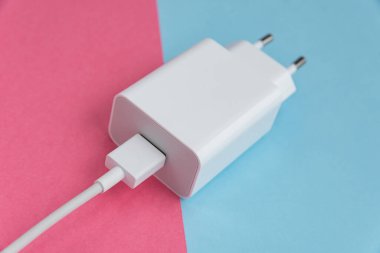 Şarj aleti ve USB kablo tipi C pembe ve mavi arkaplan üzerinde
