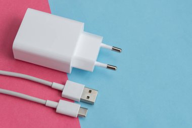 Şarj aleti ve USB kablo tipi C pembe ve mavi arkaplan üzerinde