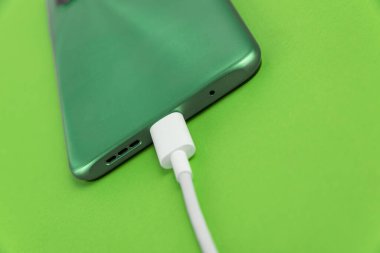 USB kablo tipi C 'ye bağlı yeşil cep telefonu - şarj ediliyor