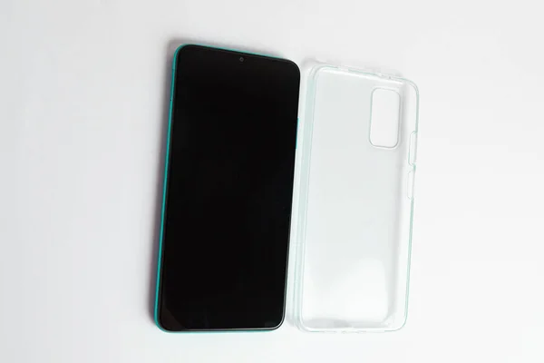Nouveau Téléphone Portable Avec Couvercle Transparent Sur Fond Blanc Isolé — Photo