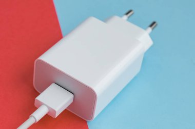 Şarj aleti ve USB kablo tipi C pembe ve mavi arkaplan üzerinde