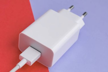 Şarj aleti ve USB kablo tipi C pembe ve mavi arkaplan üzerinde