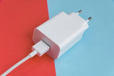 Şarj aleti ve USB kablo tipi C pembe ve mavi arkaplan üzerinde
