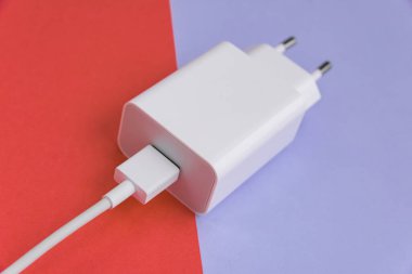 Şarj aleti ve USB kablo tipi C pembe ve mavi arkaplan üzerinde