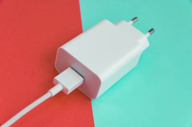 Şarj aleti ve USB kablo tipi C pembe ve mavi arkaplan üzerinde