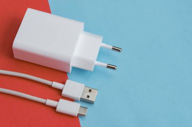 Şarj aleti ve USB kablo tipi C pembe ve mavi arkaplan üzerinde
