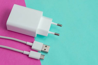 Şarj aleti ve USB kablo tipi C pembe ve mavi arkaplan üzerinde