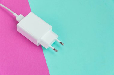 Şarj aleti ve USB kablo tipi C pembe ve mavi arkaplan üzerinde