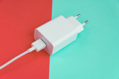 Şarj aleti ve USB kablo tipi C pembe ve mavi arkaplan üzerinde