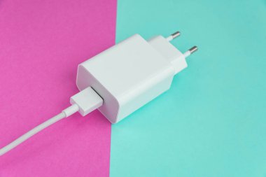 Şarj aleti ve USB kablo tipi C pembe ve mavi arkaplan üzerinde