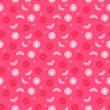 Pembe arka planda karpuzların ve dilimlerin kusursuz deseni.