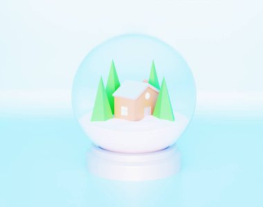 İçinde ev olan saydam kar küresi, 3 boyutlu.