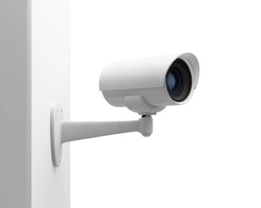 Beyaz duvardaki beyaz CCTV güvenlik kamerası, 3 boyutlu.