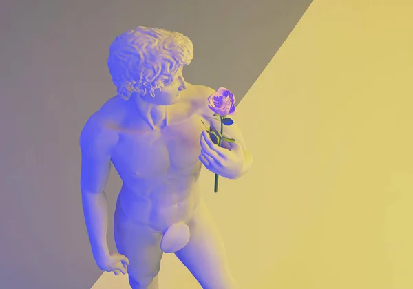 Статуя Девіда Тримає Квітку Троянди Рендеринг — стокове фото