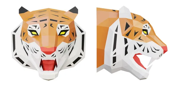 Polygonaler Tigerkopf Vollsicht Und Profil Isoliert Auf Weiß Gerendert — Stockfoto