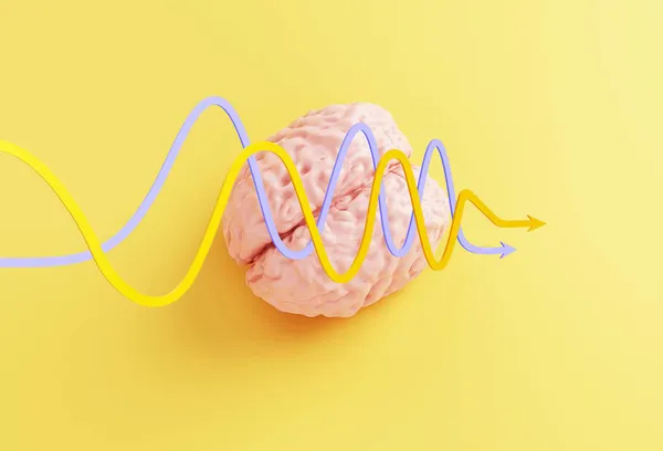 Modelo Cérebro Humano Setas Curvas Fundo Amarelo Renderizado — Fotografia de Stock