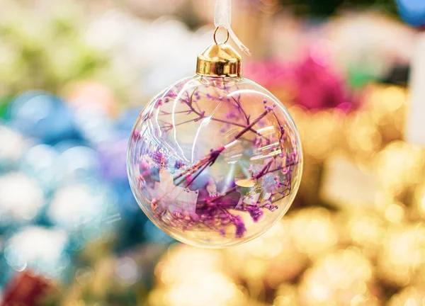 Clear Glass Ball Dried Flowers Christmas Ornament Holiday Decoration Close — Stok Foto