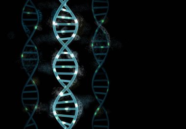 DNA moleküllerinin yapısı siyah zemin üzerinde ve kopyalama alanı var. Bilim ve Teknoloji konsepti, bilimsel geçmiş, 3D