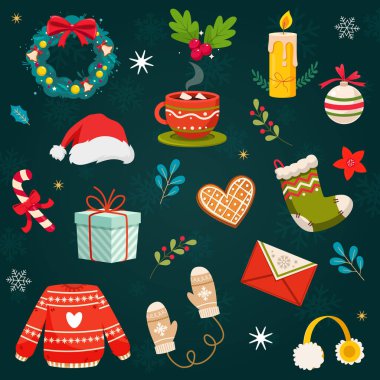 Tatil nesneleri koleksiyonu şeffaf kar taneleriyle koyu yeşil arkaplanda izole edildi. Vektör illüstrasyonu 