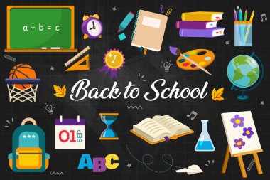 Back to school. ollection of school supplies. Vector design elements set for banners, posters, invitations, sticker kits, educational materials, etc.