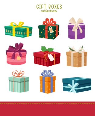 Colorful Christmas gift boxes collection of different shapes with bows isolated on white background.  Vector illustration.