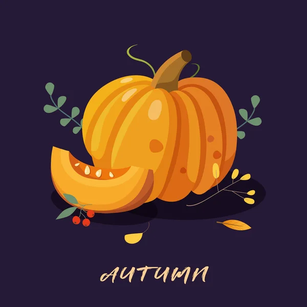 Cute Vector Illustration Large Pumpkin Pumpkin Slice Autumn Leaves Twigs — стоковый вектор